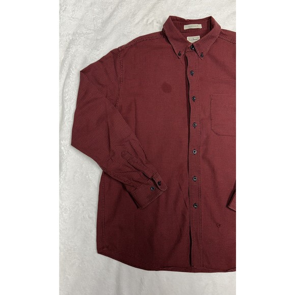 LL BEAN Flannel Button Down Shirt Mens Size Large L-REG Red & Black Houndstooth - Picture 2 of 12